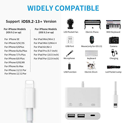 Image of rosyclo Lightning to USB3 Camera Adapter, Apple MFi Certified 3 in 1 USB 2.0 Female Cable OTG Adapter with Charging Port,Compatible with iPhone12 /11 /11Pro /X /8 /7 /6 /iPad,USB Drive,MIDI Keyboard,Mouse
