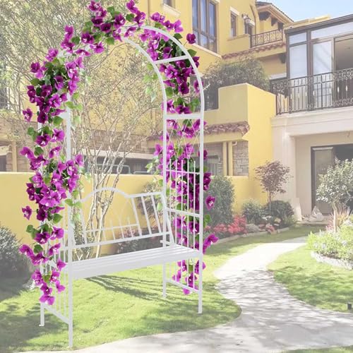 Arco da giardino in metallo con panchina, 210 cm di altezza x 114 cm di larghezza, nero, traliccio per esterni per rose rampicanti, elegante padiglione per fiori elegante per giardino