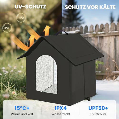 Katzenhaus Outdoor, Katzenhöhle für Draußen, Katzenhaus Für Draußen Winterfest Wasserdicht, Kombiniert isolierte Aluminiumfolie Mit abnehmbarem Transparentem Vorhang (M, Schwarz-1)