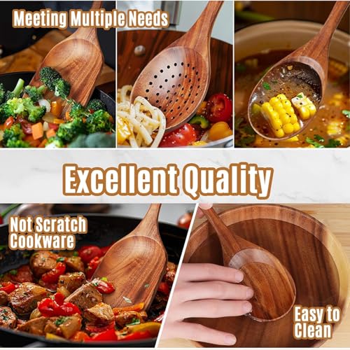 Teak Wooden Cooking Utensils Set – Heat-Resistant Kitchen Tools for Non-Stick Cookware – Natural, Non-Toxic Spoons, Spatulas & Ladles (12 Pieces) - Image 3