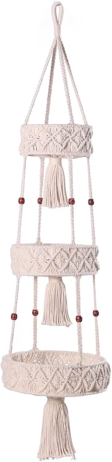 ハンドメイドコットンロープハンギングストレージバスケット3層織ネットバッグ寝室リビングルーム壁フルーツ野菜。