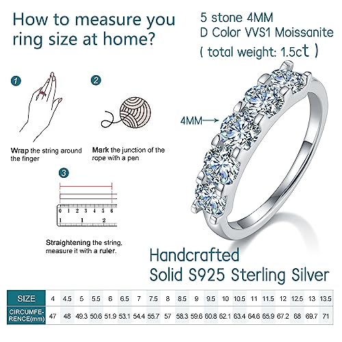 TOPFOOK Moissanite Rings for Women 925 Sterling Silver 5 Stone 4MM D Color VVS Lab Created Diamond 1.5Carat Engaegment Promise Rings for Her2