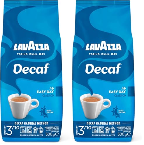 Lavazza, Caffè Decaffeinato, Entkoffeinierte Arabica und Robusta Kaffeebohnen, Kaffee mit Mandel- und Honigaroma, Intensität 3/10, Mittlere Röstung, 500 g (2er Pack)