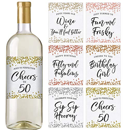 Printed Party 50th Birthday Wine Bottle Labels, Confetti, Set of 6
