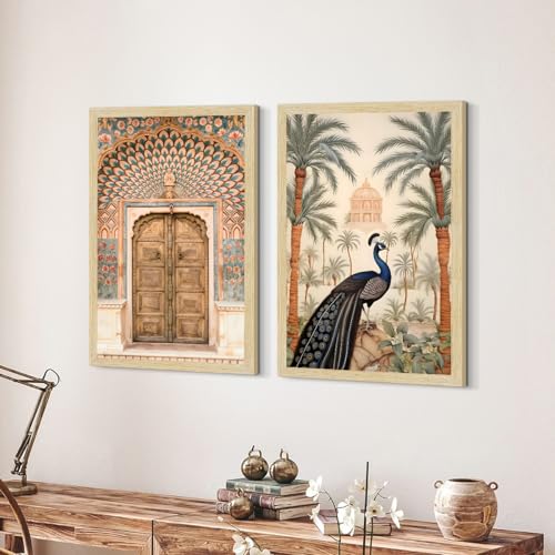Image of ArtX Paper Peacock Painting For Wall Vastu, Madhubani Art Paintings, Floral Wall Painting for Living Room, Multicolor, Natural Wood Color Frames, Set of 2