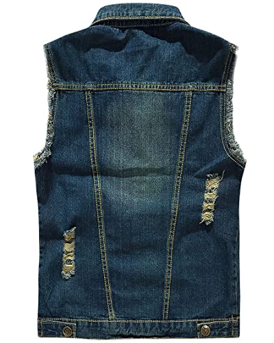 Image of ebossy Men's Ripped Distressed Denim Vest Sleeveless Button Up Jean Vest Jacket (Large, Dark Blue)