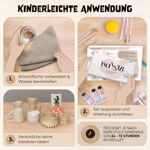 kunstli DIY Töpferset für zuhause - Starterset Basteln und Töpfern - Ton Set kreativ töpfern - lufttrocknender ton ohne Brennen - Air dry clay - pottery set Geschenk
