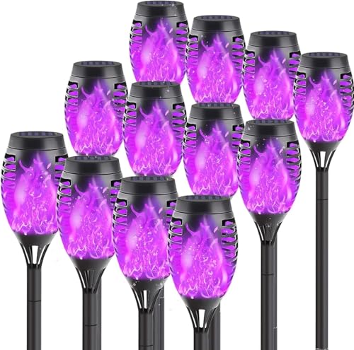 12-Pack Solar Lights Outdoor Waterproof,Halloween Decorations Solar Tiki Torches with Flickering Flame (Upgraded Super Bright),Halloween Solar Lights for Outside Patio Yard Porch Garden Decor ?Purple?
