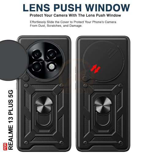 Image of Armor Bumper Back Cover Case for Realme 13 Plus / P1 Speed 5G Rotating Camera Cover, Ring Holder & Kickstand | Heavy Duty & 360 Degree Protection Back Cover (Black)