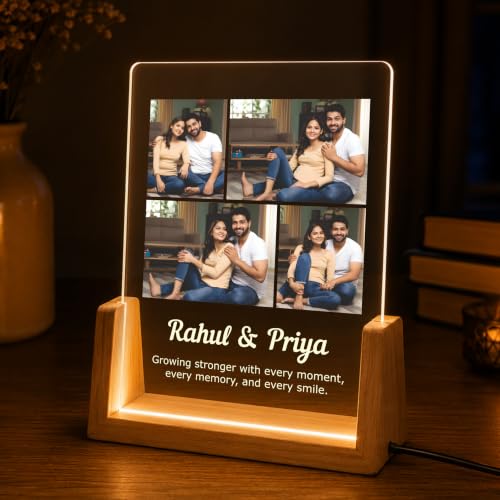 Image of Giftplease Personalized LED Acrylic Photo Frame with Custom Photos & Names | Engraved Acrylic Picture Lamp | Wooden Base | USB Warm LED Night Light | Anniversary, Wedding, Birthday, Couple, Family