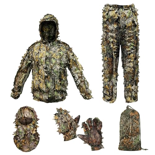 Ghillie Suit Camouflage Hunting Suits Outdoor 3D Leaf Lifelike Camo Clothing Lightweight Breathable Hooded Apparel