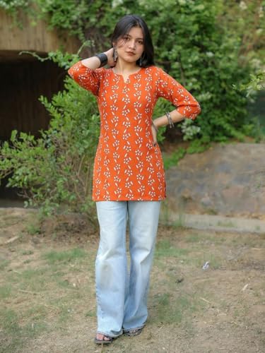 Image of Pinkmint Women's Printed Cotton Blend Short Kurti l All Over Printed V-Cut Neckline Casual Wear Tunic Top's l Ethnic Top's for Girls
