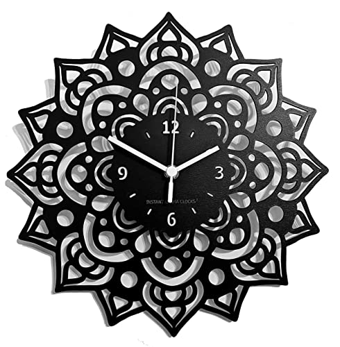 Instant Karma Clocks Wall Clock ➤ Mandala Flowers Artwork Decorative Motif Chakra Art Gift, Black, diameter 12inch