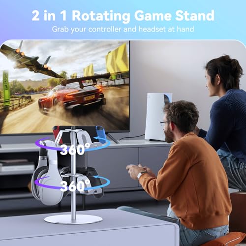 Image of DGPCT Aluminum Rotating Controller Stand for Xbox /PS5 /Switch, 2-Tier | 6 Hangers to Place, Holds Headset & Controllers, Stable Controller Organizer Rack, Fits for Switch Pro /PS4 and More, Silver