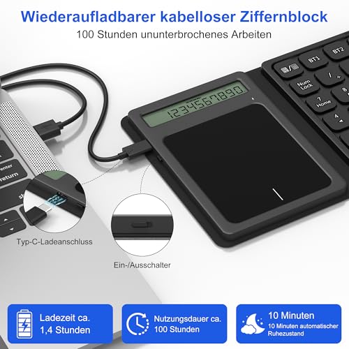 3-in-1 Bluetooth Nummernblock & Trackpad & Taschenrechner - Wireless Dual Bluetooth Nummernblöcke 23 Tasten, Kabelloses Touchpad & Numpad wiederaufladbarer, faltbarer für Laptop, Desktop, PC, Notebook