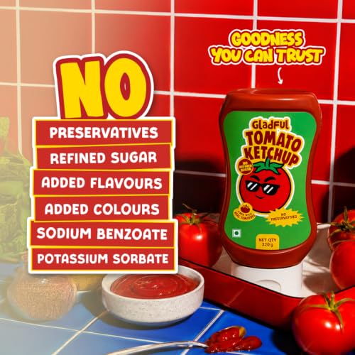 Image of Gladful Tomato Ketchup for kids | 33% Concentrated Tomato Paste | No Refined Sugar | No Preservatives | Sweetened with Kachi Khand | Kids Tomato Sauce | Sandwich, Fries & Snacks Dip | 320g