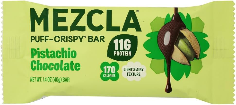 - Mezcla Puff Crispy Protein Bars, Gluten Free & Vegan Protein Bars, 10g Protein, Alt for Crispy Rice Treat, Granola Bars & Breakfast Bars, Healthy Snacks for Adults, Pistachio Chocolate, 1 Count