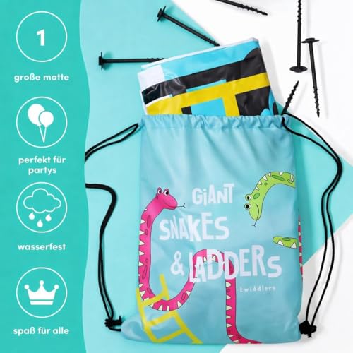 THE TWIDDLERS XXL Schlangen und Leitern Riesenspiel (3x3m) - Wasserfeste Outdoor Spielmatte für Kinder und Erwachsene mit Aufblasbarem Würfel & Tasche - Gartenspiel für Partys, Familie & Schulen