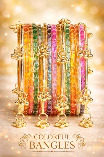 Image of Kaher Kashmiri Glass Bangle with gunghro Set for Women| Traditional, Fancy Glass Chudi Set for Festival, Wedding, and Party (Set Of 16)