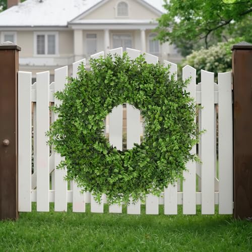Image of 26 Inch Large Boxwoods Wreaths for Front Door Artificial Green Leaves Greenery Indoor Outdoor Wreath Home Decor Porch Window Wall Farmhouse Door Decorations Spring Summer Fall All Seasons