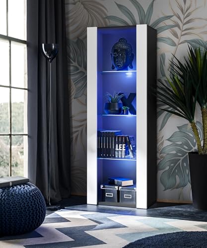 Komodee Vitrine Armoire Tivoli, Noir/Blanc, Largeur 55cm x Hauteur 159cm x Profondeur 35cm,LED Bleu, 3 étagères en Verre, pour Salon, Chambre, Entrée