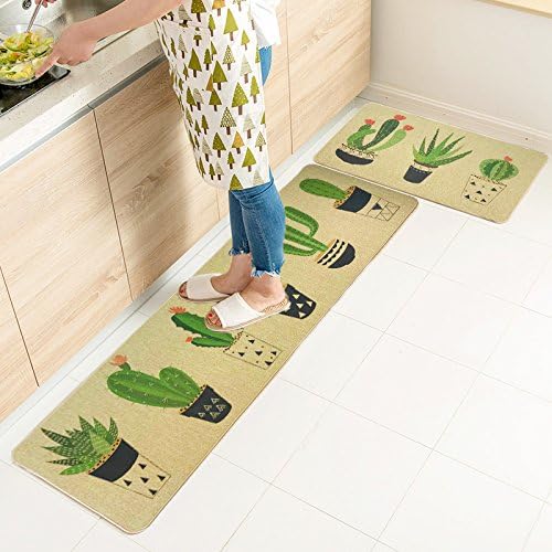 Natural Rubber Non-Slip Absorbent Oil Proof Kitchen Rug and Carpet Cactus Comfortable Resist Fatigue Foot Mats 2pcs Sets(18''x29''+18''x59'')