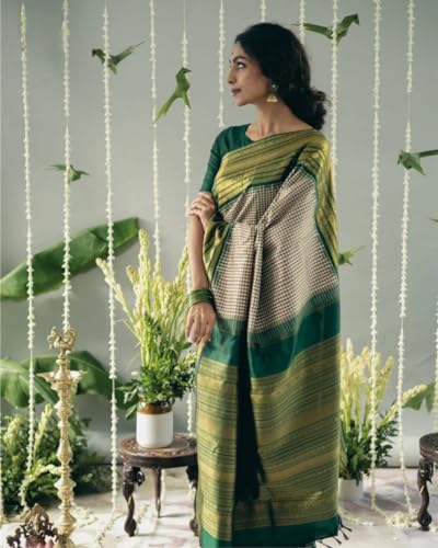 Image of Flosive Women's Kanjivaram Silk Saree With Beautiful Blouse With Zari Border