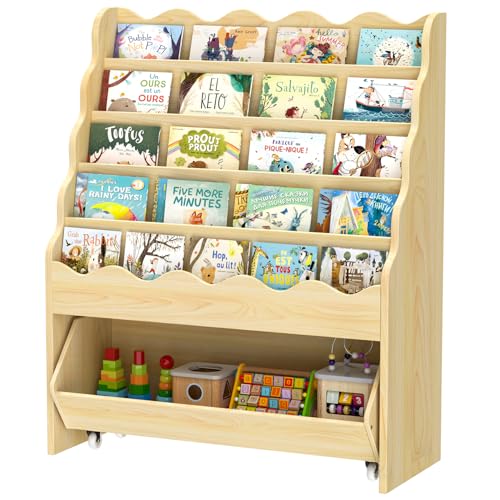 Image of Vestibk 5-Tier Wooden Book Shelves, Large Size Kids Bookshelf and Toy Organizer, Toy Storage Drawer with Wheels for All Ages Boy and Girl, Toddler Scalloped Book Shelf for Kids Room Playroom Nursery