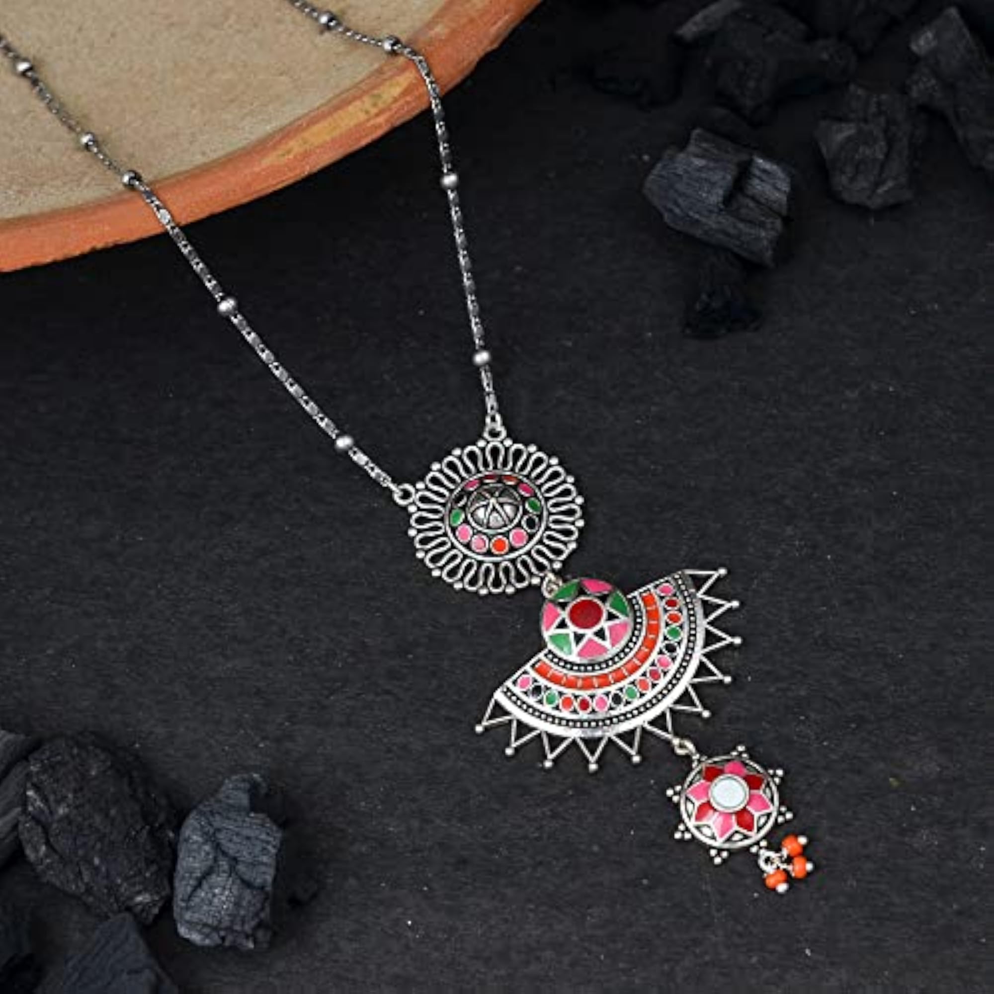 Folklore Pink Enamel Layered Drop Necklace
