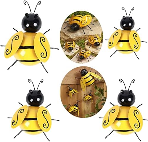 4 Pcs Metal Bee Garden Decorative Ornament Bumble Bee Wall Tree Hanging Art Fence Sculpture Statue for Indoor Outdoor Garden Decoration