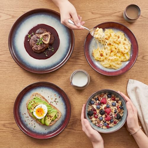 Image of Ceramic Dinnerware (16 pcs) Serve 4 people, Plates and Bowls Sets,Handmade Reactive Glaze Dishes Set, Chip Resistant and Scratch Resistant, for Oven & Dishwasher & Microwave Safe