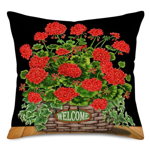 Qinqingo Red Geranium Flowers Pillow Covers 20"X20" Rustic Potted Plants with Welcome Words Throw Pillow Cases Cushion Cover for Outdoor Garden Chair Summer Decorative (Geranium, 20"X20") by Qinqingo - Used condition - US$8.27