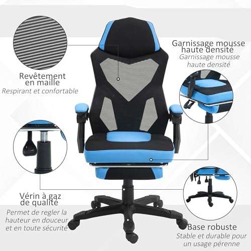 Sedia da ufficio sedia da gioco regolabile in altezza schienale girevole rotelle poggiapiedi tessuto a rete 58L x 63L x 112-122H cm blu nero - Sedia gaming - Immagine 6