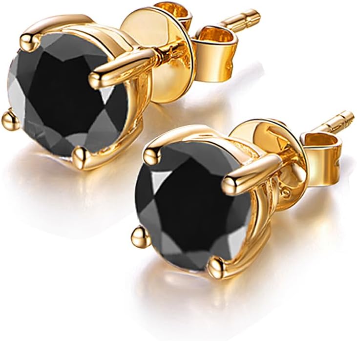JiangXin Round Black Onyx 925 Sterling Silver Stud Earring 18K Gold Plated Men Women Unisex Jewelry