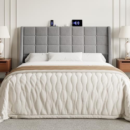 Image of Queen Size Headboard with Charging Station, Wingback Ergonomic Headboards | Wingback Upholstered Bed Head Board with Storage Pocket, Sturdy Stable Solid Wood Headboard, Bed Frame Adapters, Light Grey