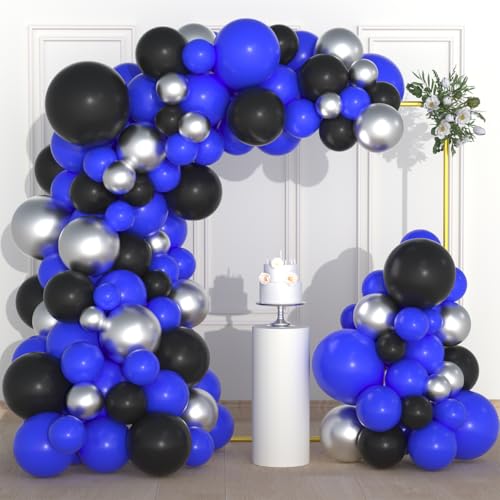 Image of Royal Blue Black Balloon Garland Kit, 121 PCS DIY Balloon Arch with Blue Black Metallic Silver Balloons Video Gaming Party Supplies for Boys Men 30th 40th Birthday Retirement Grads Party Decorations