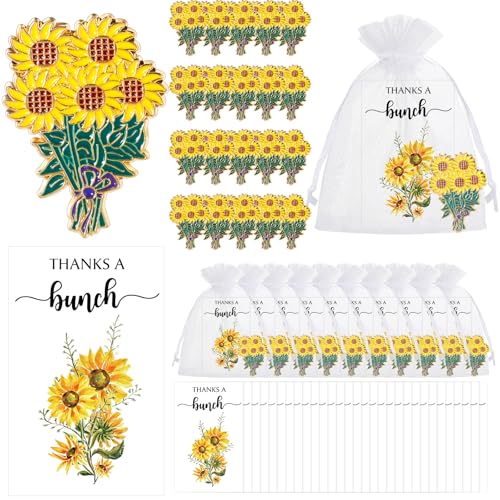 Image of Havawish 25 Sets Spring Sunflower Pins Bulk for Women Gold Yellow Sunflower Enamel Pins Flower Lapel Brooches with Thank You Cards for Coworker Employee Baby Shower Birthday Party Favor