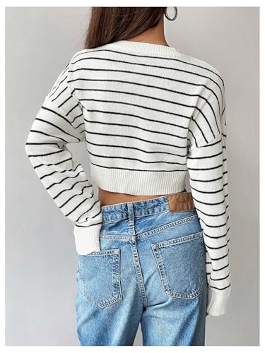 Verdusa Women's Striped Y2k Crop Sweaters Crew Neck Long Sleeve Pullover Knitted Tops2