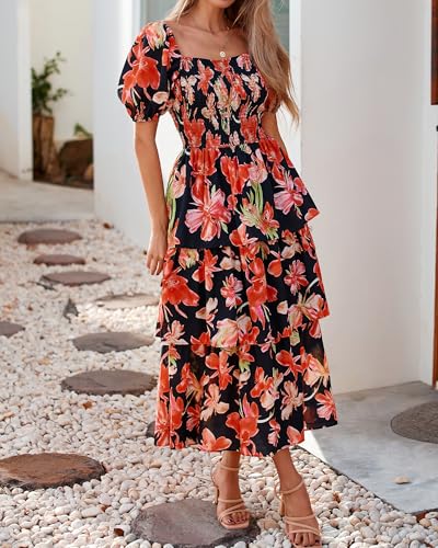 Image of BTFBM Womens Floral Smocked Summer Maxi Dresses | Square Neck Puff Short Sleeve Ruffle Tiered, 2026 Trendy Casual Sundress, Cruise Holiday Beach Vacation Wedding Guest Dress
