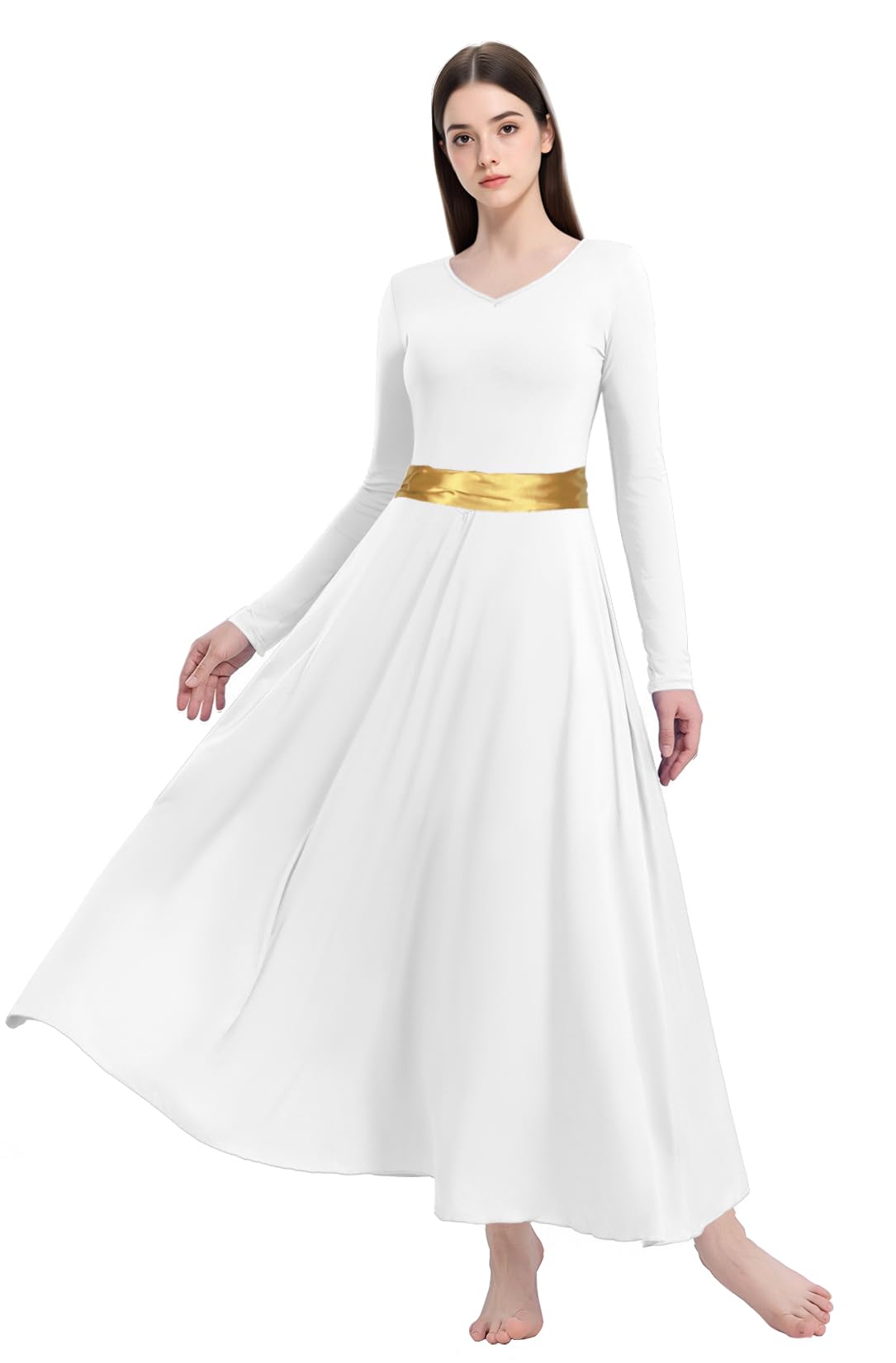 Zyactu Women's B020-White Long Sleeve Praise Dance Dress V-Neck Liturgical Worship Dance Costumes Lyrical Costume Church Robe, Xl