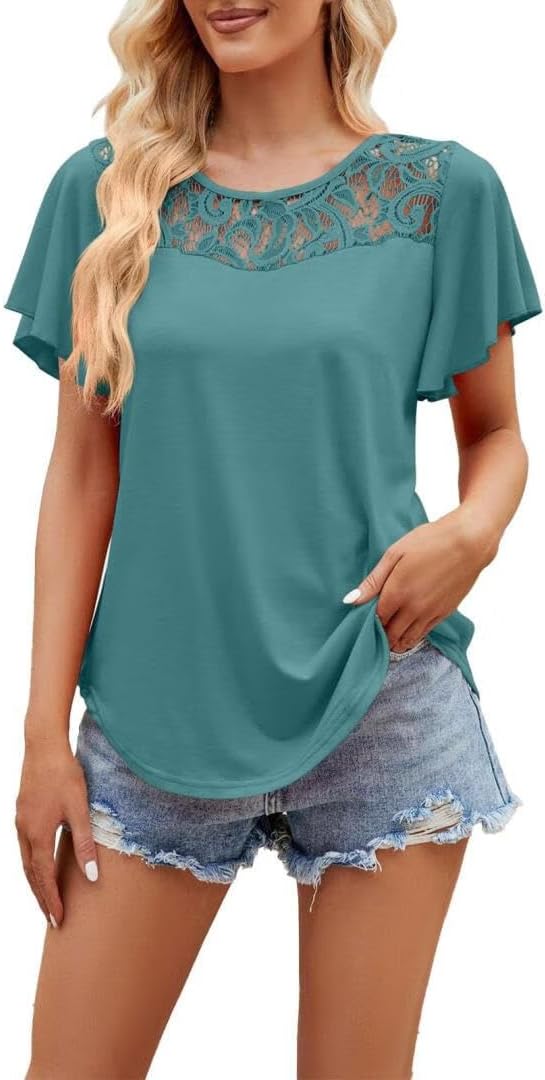FMCHICO Women's Basic T-shirts Solid Color Lace Mesh Patchwork Ruffled Short Sleeve Shirts Dressy Tops