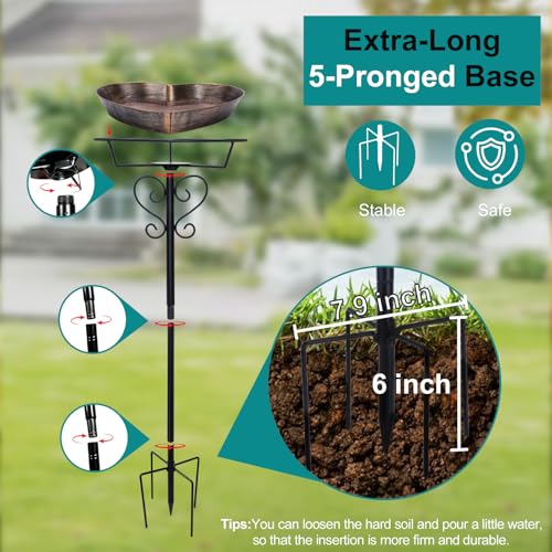 Image of Goodeco Metal Heart Bird Bath - 2.17 inch Deep, 12.1 inch Easy-Clean Removable Bowl | Vintage copper finish, 34.7 inch tall rust-resistant 5-pronged stake, romantic garden gifts for bird lovers, mom, or grandparents