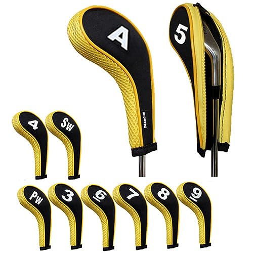 Andux Golf Schlägerkopfhüllen Anzahl Print Golf Eisen deckt mit Reißverschluss Langen Hals 10pcs/Set MT/w06 schwarz/gelb MEHRWEG