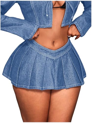 Floerns Women's Pleated Hem Denim Skirt V Cut Low Waist Y2k Mini Jean Dress