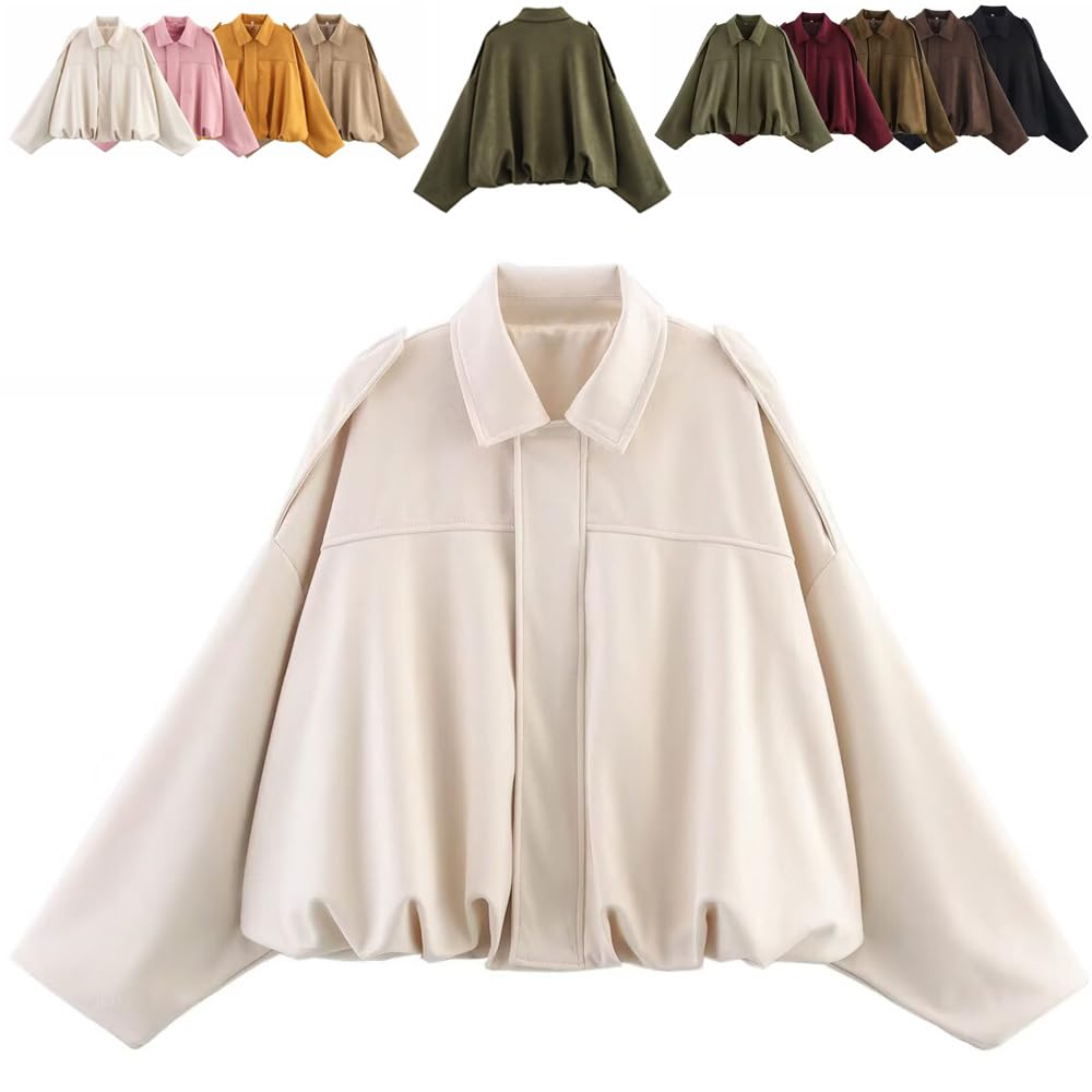 Generisch 2025 Womens Faux Suede Bomber Jacket Lapel Collar Zip Front Coat Long Sleeves Trendy Y2K Streetwear Outerwear