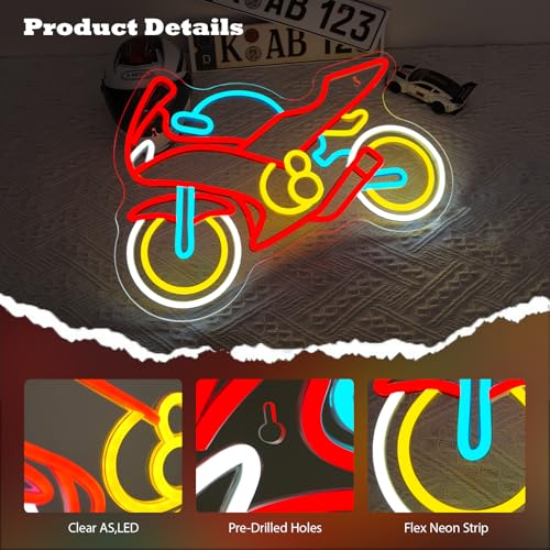 Image of Colorful Motorcycle Neon Sign LED Dirt Bike Light Up Garage Decor Vintage Racing Man Cave Wall Art Sport Motocross Fathers Day Neon Signs for College Room Night Lights Teens Bedroom Decorations
