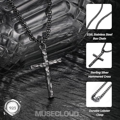 Image of 925 Sterling Silver Cross Necklace for Men Box /Cuban /Figaro Chain