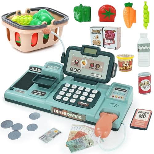 Cash Register Toy for Kids Role Play Shopping Cashier Pretend Playset with Sound Scanner Food Shopping Basket Play Money Credit Card Gift for Boys Girls 3 4 5 6 7 8 Years