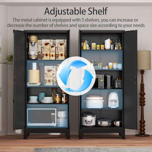 Image of Black Metal Storage Cabinet,75 inch Steel Cabinets for Home Office | Kitchen Pantry Storage Cabinet with Doors and 5 Adjustable Shelves, Tool Cabinets, for Office, Home, Garage, School