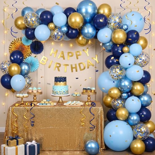 Image of RUBFAC Navy Blue Gold Balloon, Party Balloons Pastel Blue Metallic Confetti for Birthday Wedding Bridal Baby Shower Graduation Party Supplies, 65pcs 12 Inches